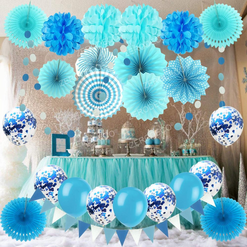 ZERODECO Party Hanging Paper Fans Set, Blue Confetti Balloons Decorative Folding Fans Paper Pompoms and Triangle Bunting Flags Garlands for Graduation Wedding Birthday Baby Shower Party Decorations - Image 2