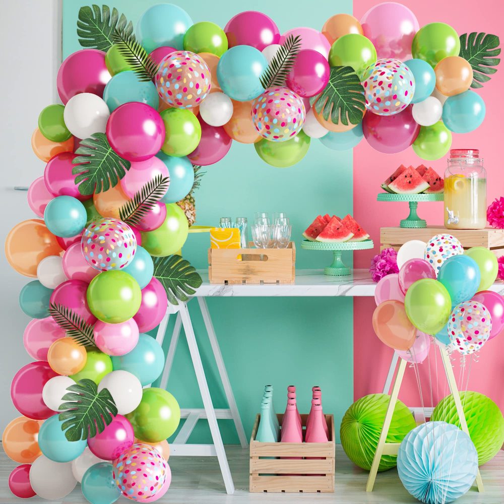 140Pcs Tropical Balloon Arch Garland Kit Hawaiian Hot Pink Green Balloon Party Decoration Set Confetti Latex Balloon Flamingo Palm Leaves for Birthday Summer Party Beach Wedding Party Decoration