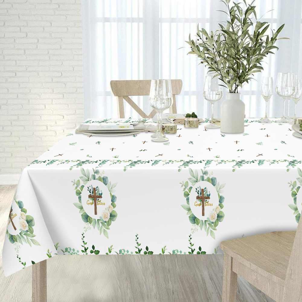 Lianxuia 3Pcs God Bless Baptism Tablecloth, 54 x 108 Inch Eucalyptus Leaf Cross Religious Table Cover, Sage Green Plastic Tablecloth for Baby Showers, First Communion Decorations - Image 7