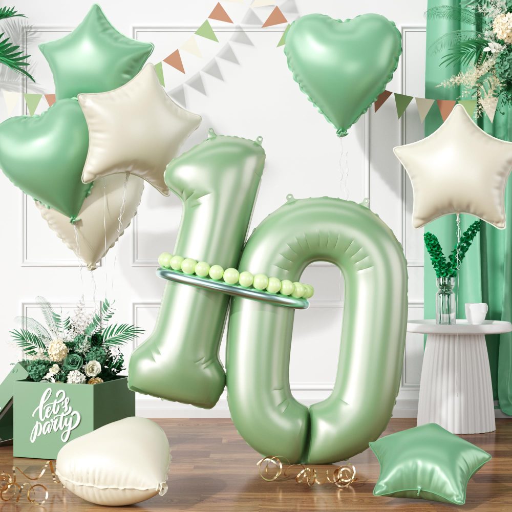 Sage Green Number 10 Balloons, Green 10 Number Balloons, 10th Number Balloons, Olive Green Cream Wihle Foil Star Heart Balloons With Long Balloons For 10th Birthday Party 1st Baby Shower Decorations