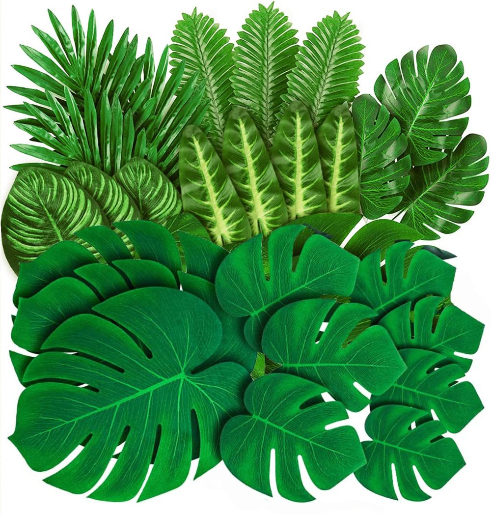 96pcs Artificial Tropical Leaf Palm Leaf With Stems Jungle Leaves Decorations for Hawaiian Luau Party Decorations Beach Baby Shower Wedding Birthday Decorations (96pcs)