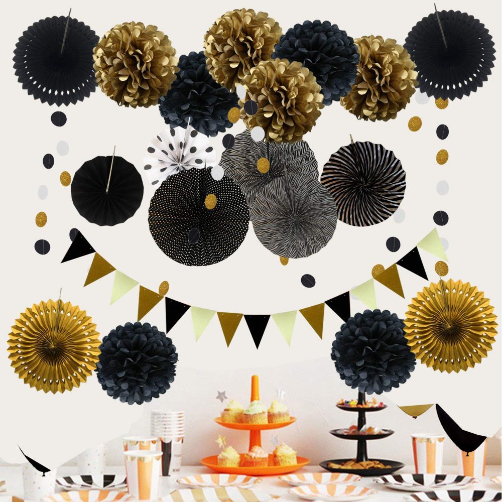 Zerodeco Party Decoration, 21 Pcs Black and Gold Hanging Paper Fans, Pom Poms Flowers, Garlands String Polka Dot and Triangle Bunting Flags for Birthday Party graduations Wedding Décor Happy New Years - Image 3