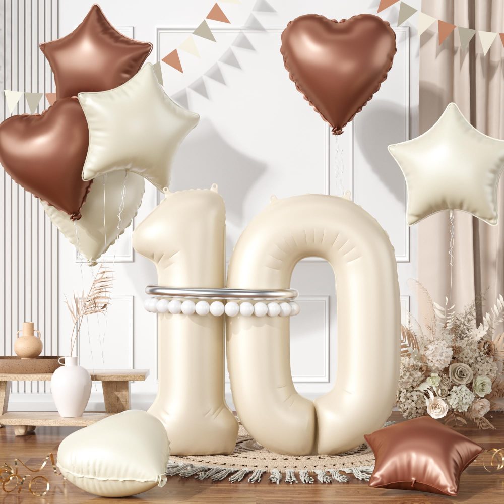 10 Cream White Balloons, 10 Number Balloons Set, 40inch Beige 10 Balloons, Brown Nude Sand White Foil Star Heart Balloons With Two Long Balloons For 10th Birthday Party 1st Baby Shower Decorations