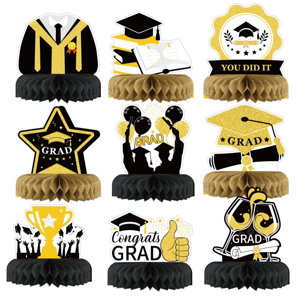 HONMOK 9pcs Graduation Decorations 2024 Graduation Honeycomb Centerpieces Black Gold Table Toppers Congrats Grad Graduation Cap Diploma Ornaments You Did It Gifts for Grad Preschool Party Supplies