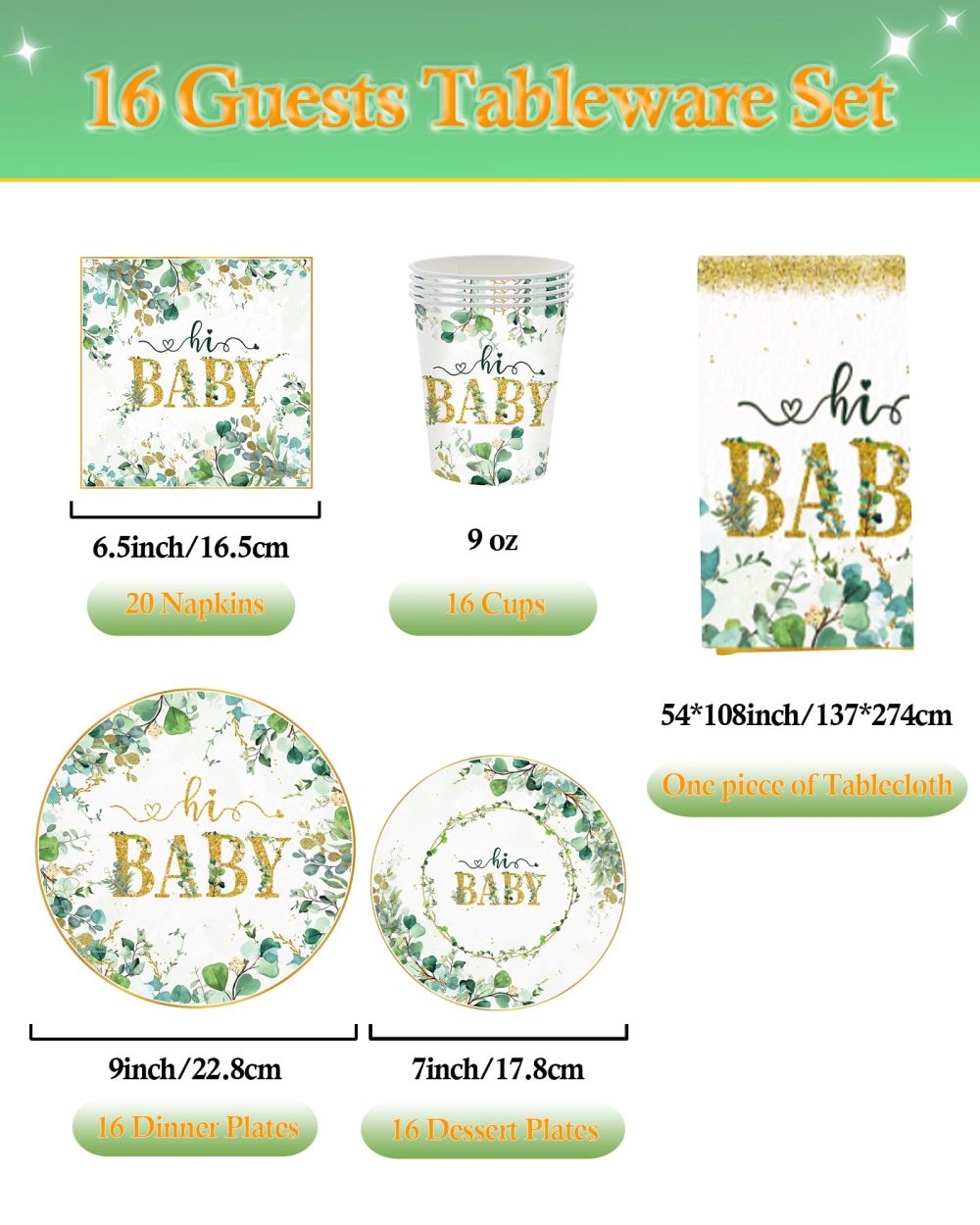 TOPWAYS Baby Shower Decorations, Sage Green Baby Shower Decorations Boy Girls Baby Party Paper Plates Cups Napkins Tablecloth Tableware Set for Baby Shower Gender Reveal Decoration (16guest Set) - Image 5