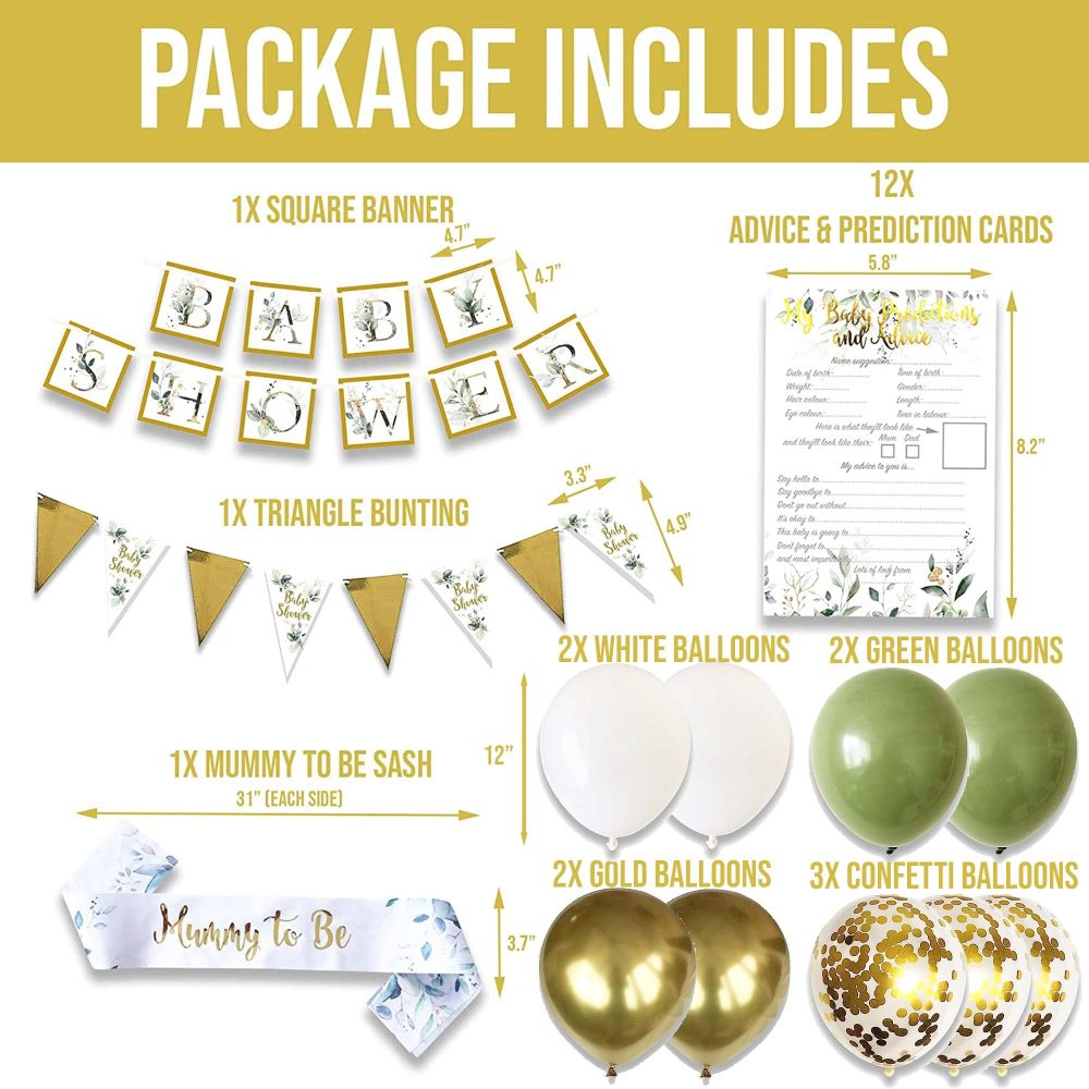 Baby Shower Unisex 24pcs Decoration Bundle Sage Green Gold - Neutral Gender Reveal Banner Garland, Bunting, Confetti, Latex Balloons And Sash For Mum To Be - Botanical Decor For Girls And Boys - Image 9