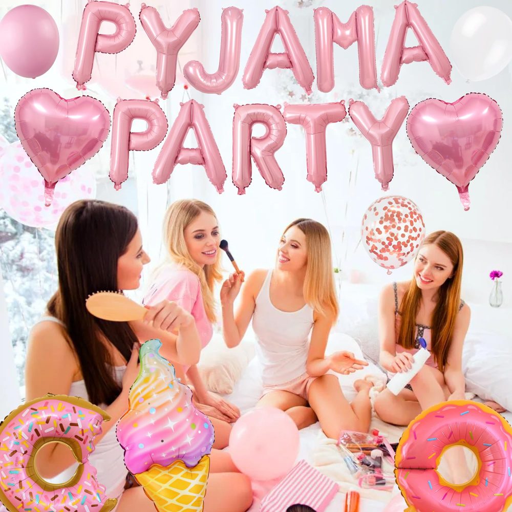 Pyjama Party Decorations for Girls - 38 Pieces Slumber Decorations Set Includes Paper Fans, Latex, Letter, Heart, Popcorn, Ice Cream, Donut Balloons for Sleepover Supplies - Image 2