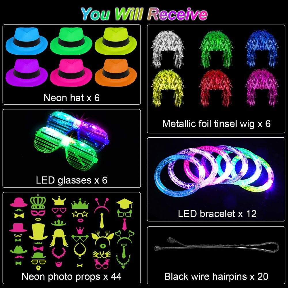 Aodaer 94 Pieces Neon Party Supplies kit Includes 6 Plastic Fedora Hats 6 Colorful Wigs 6 Flashing Light up Glasses 12 Glow Bracelets 44 Photo Booth Props 20 Hairpins for Glow Birthday Party Favors - Image 7