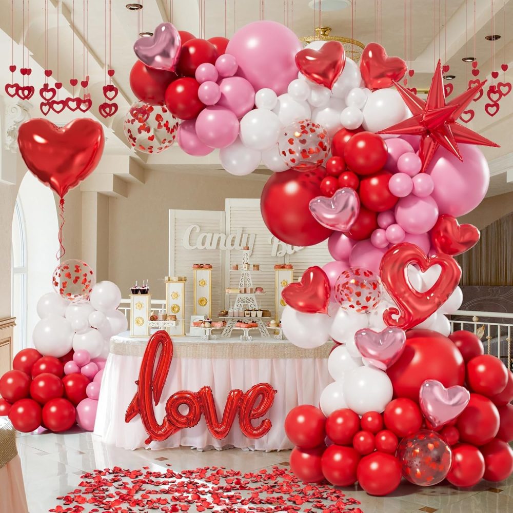 156pcs Valentines Day Balloon Garland Arch Kit with Pink White Red Confetti Heart Balloons Love Foil Balloons Explosion Star Balloons Rose Petals for Anniversary Wedding Romantic Decorations Supplies