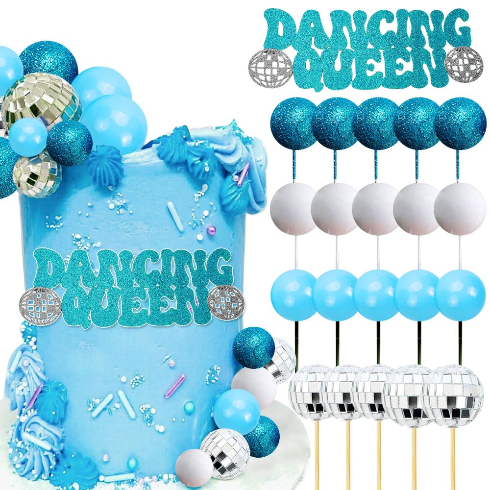 JeVenis Blue Disco Ball Cake Topper Dancing Queen Cake Topper 80s Cake Decorations Silver Cake Balls Silver Cake Decorations Disco Ball Cake Toppers