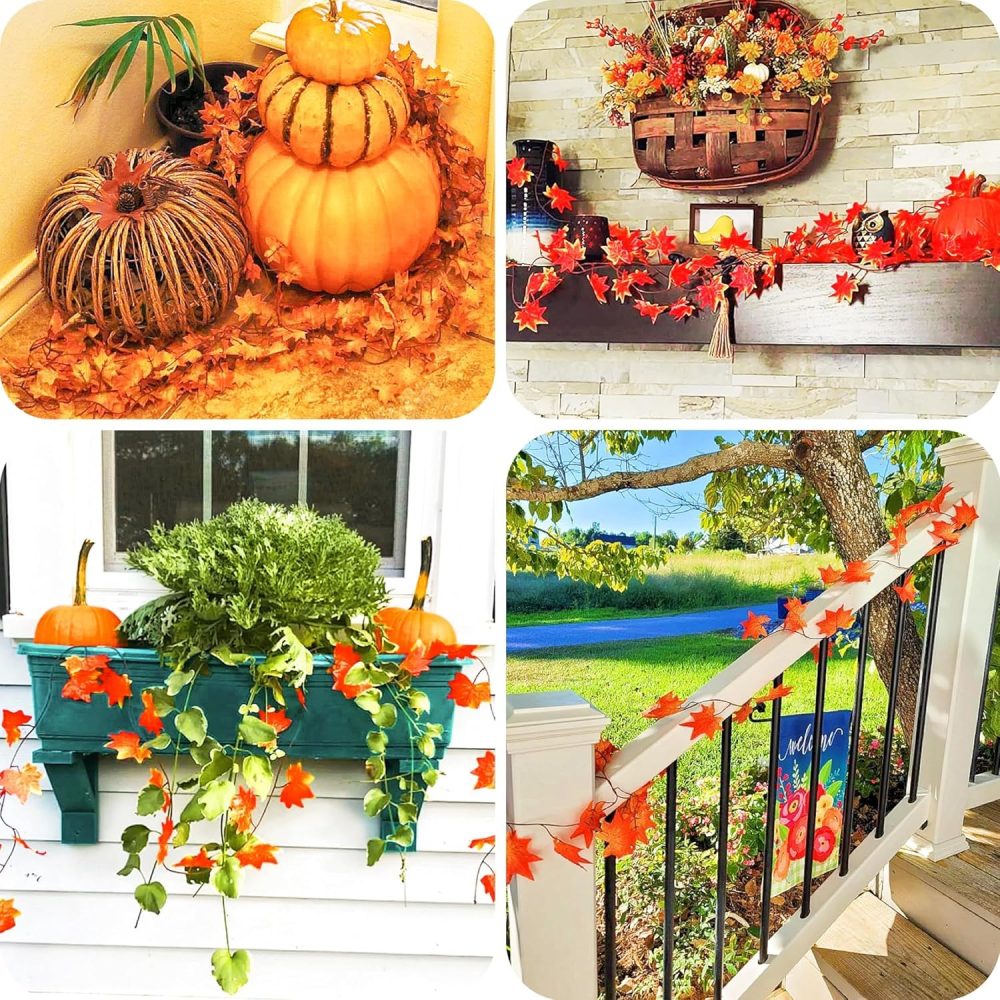 12 Pack Autumn Fall Leaf Garland, Autumn Decorations, Artificial Leaves, Hanging Fall Vines Maple Garland for Home Garden Wall Backdrop Fireplace Wedding Party Halloween Christmas Thanksgiving Decor - Image 2