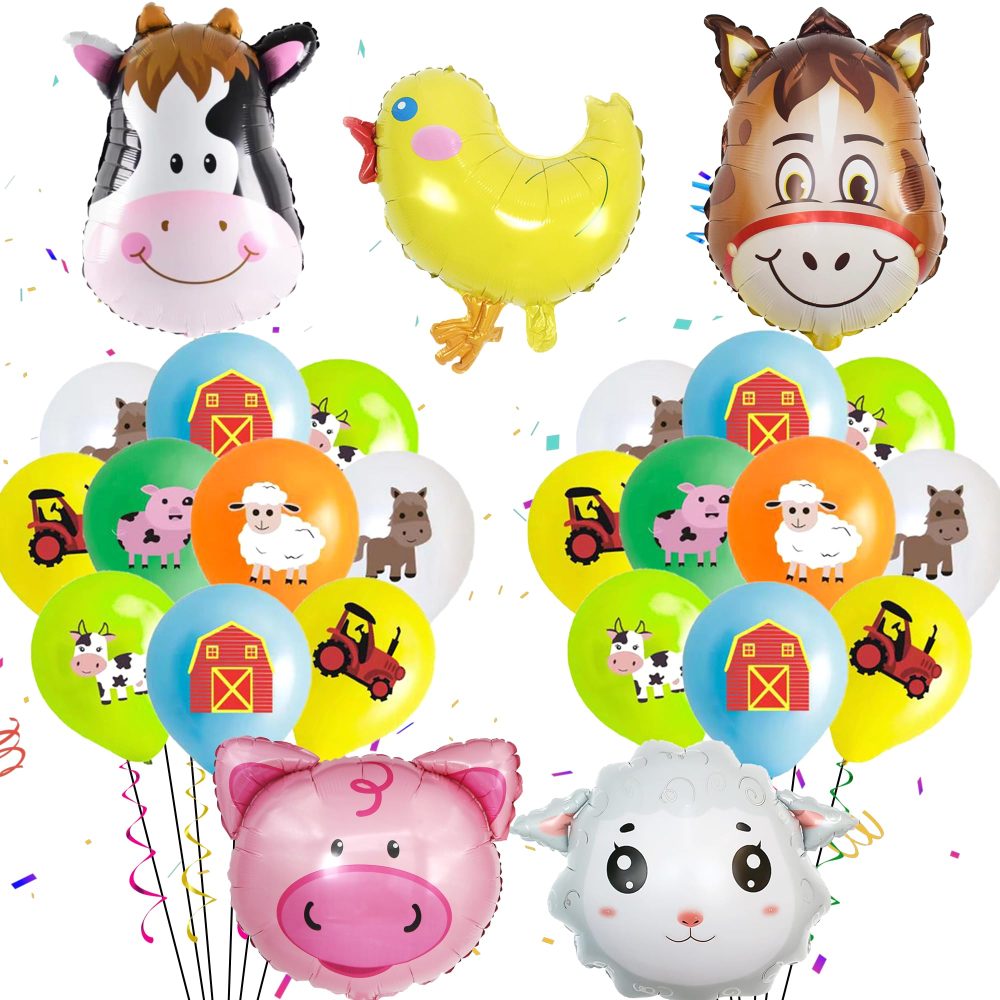 Wylario Farm Animal Balloons Decorations - 23 Pieces Farm Animal Print Latex Balloons and Cute Cow Sheep Donkey Chick Pig Shaped Foil Balloons, Farm Theme Baby Shower Birthday Party Supplies for Kids