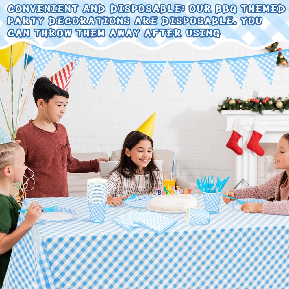 Preboun 198 Pcs Light Blue and White Gingham Party Supplies for 24 Guests Blue Checkered Plaid Tablecloth Pennant Banner Plate Cup Napkin and Cutlery for Picnic BBQ Birthday Halloween Christmas Party - Image 3