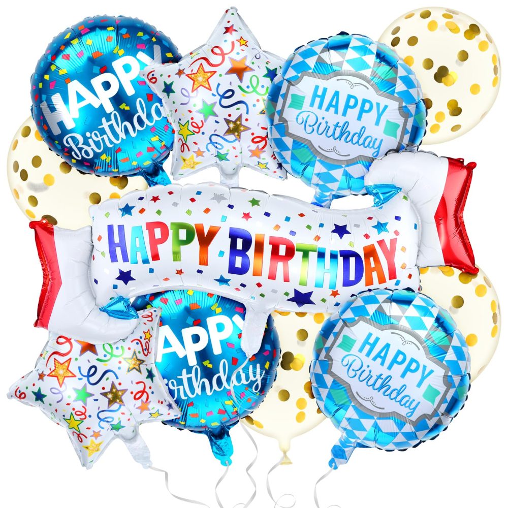 11Pcs Happy Birthday Balloon Set, Colorful Mylar Balloons Foil Birthday Balloons Kit, Star Round Confetti Balloons Happy Birthday Balloon Banner for Birthday Party Baby Shower Decorations Supplies