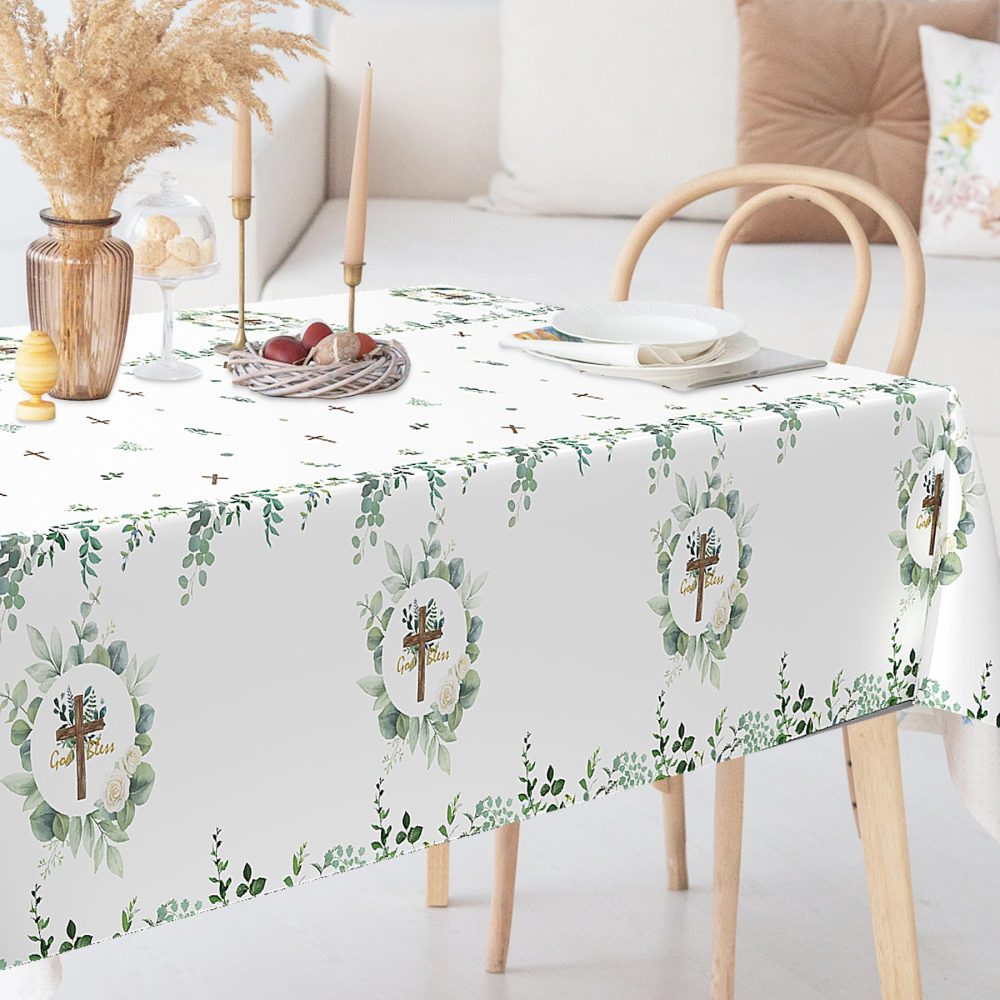 Lianxuia 3Pcs God Bless Baptism Tablecloth, 54 x 108 Inch Eucalyptus Leaf Cross Religious Table Cover, Sage Green Plastic Tablecloth for Baby Showers, First Communion Decorations - Image 2