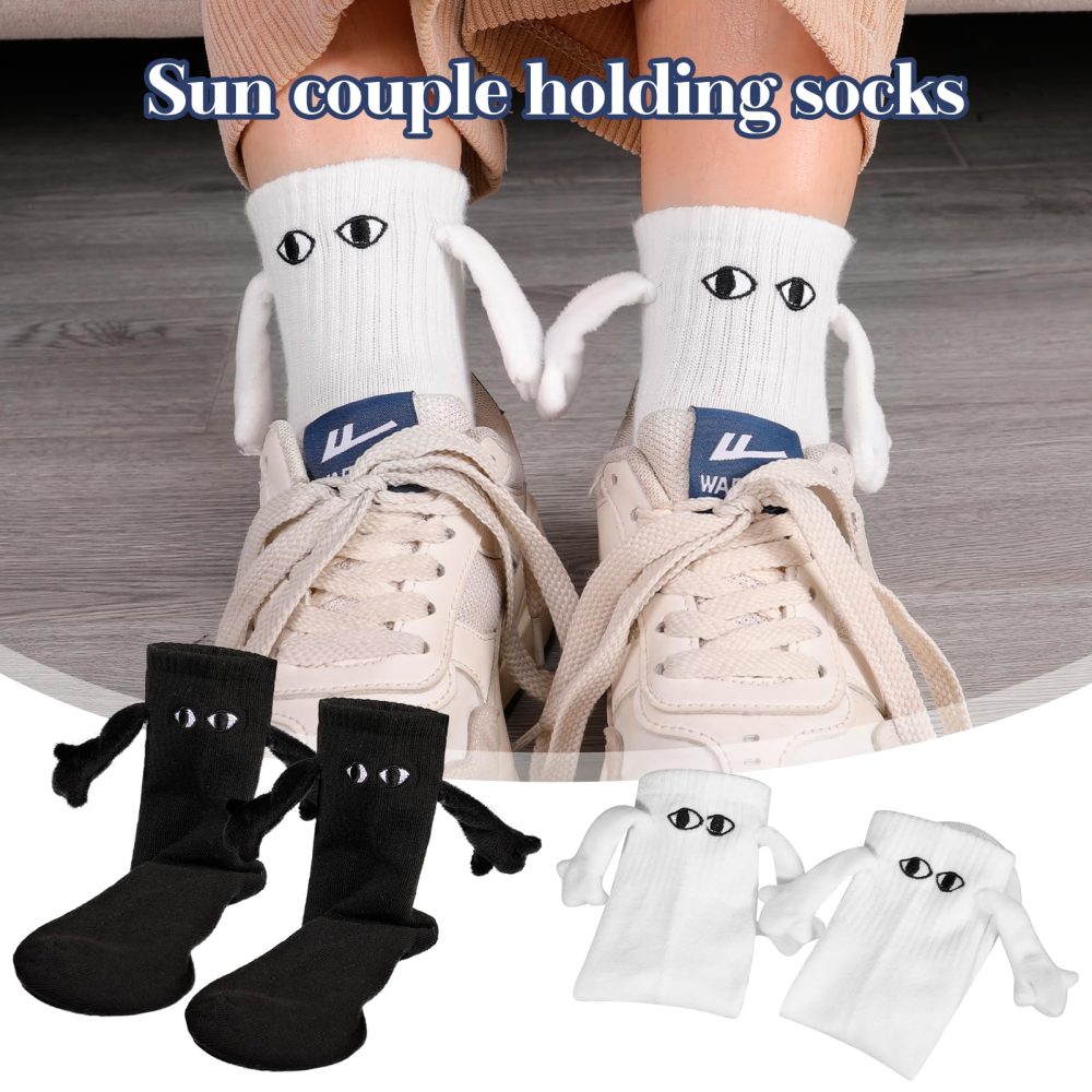 Firtink 2 Pairs Funny Couple Socks, Magnetic Socks Hand Holding Socks Hand in Hand 3D Couple Socks Novelty Show Off Socks Cartoon Casual Crew Socks for Men Women Teens Her Him(large white) - Image 6