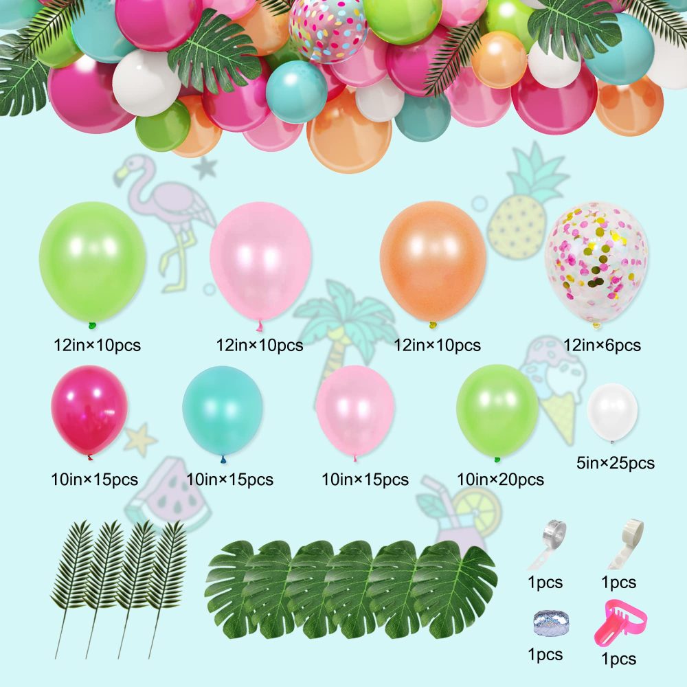 140Pcs Tropical Balloon Arch Garland Kit Hawaiian Hot Pink Green Balloon Party Decoration Set Confetti Latex Balloon Flamingo Palm Leaves for Birthday Summer Party Beach Wedding Party Decoration - Image 6