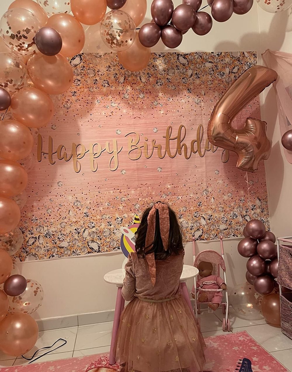 Rose Gold Happy Birthday Photography Backdrop Pink and Gold Dot Glitter Diamonds Bokeh Background for Women Girls Lady Sweet Party Decorations Photo Props (7X5FT) - Image 4