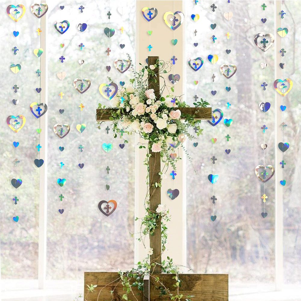 40 Ft Iridescent 3D Cross Heart Garlands Holographic Paper Streamer for First Holy Communion Religious Christian Baptism Wedding Bridal Baby Shower Birthday Anniversary Engagement Party Decorations - Image 2