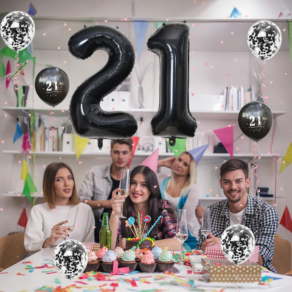 21st Birthday Balloons Black, 21st Birthday Decorations for Him with Large Number 21 Foil Balloon Birthday Print Confetti Balloons Metallic Black Latex Balloons for Her Girls Boys Bday Decor Supplies - Image 5