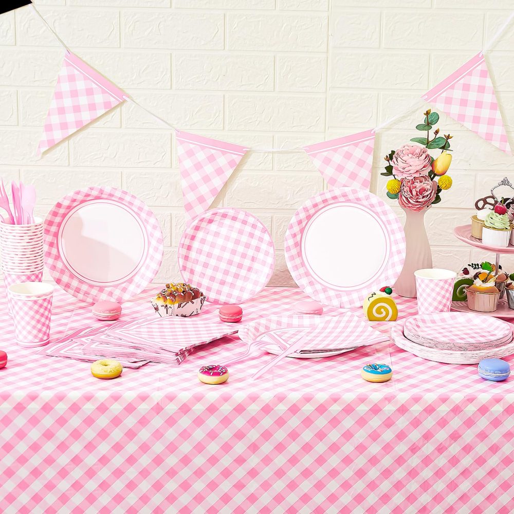 Preboun 198 Pcs Gingham Party Supplies for 24 Guests Checkered Plaid Tablecloth Pennant Banner Plate Cup Napkin and Cutlery for Picnic BBQ Birthday Halloween Christmas Party (Light Pink, White) - Image 4