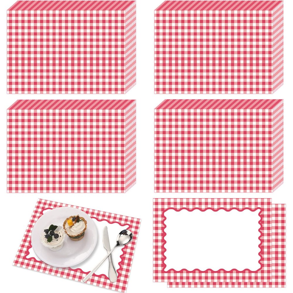 50 Disposable Red Gingham Paper Placemats Summer Checkered Picnic BBQ Paper Table Place Mat Double Sided for Baby Showers Weddings Birthday Tea Parties Dinner Table Setting Decorations