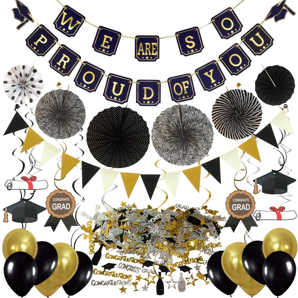 ZERODECO Graduation Decorations, Black and Gold We Are So Proud Of You Banner Paper Pompom Fan Hanging Swirls Graduation Confetti Paper Garland Party Balloons for Grad Party Decoration Supplies