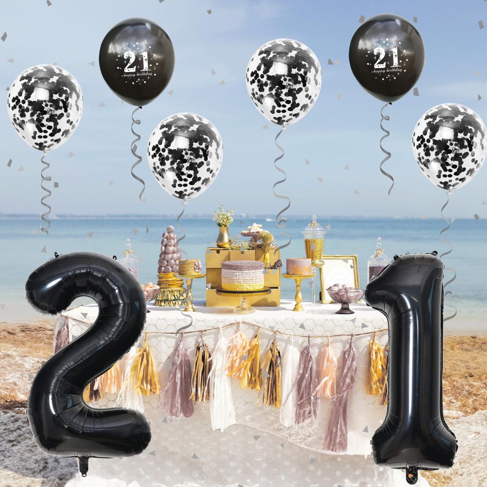 21st Birthday Balloons Black, 21st Birthday Decorations for Him with Large Number 21 Foil Balloon Birthday Print Confetti Balloons Metallic Black Latex Balloons for Her Girls Boys Bday Decor Supplies - Image 3