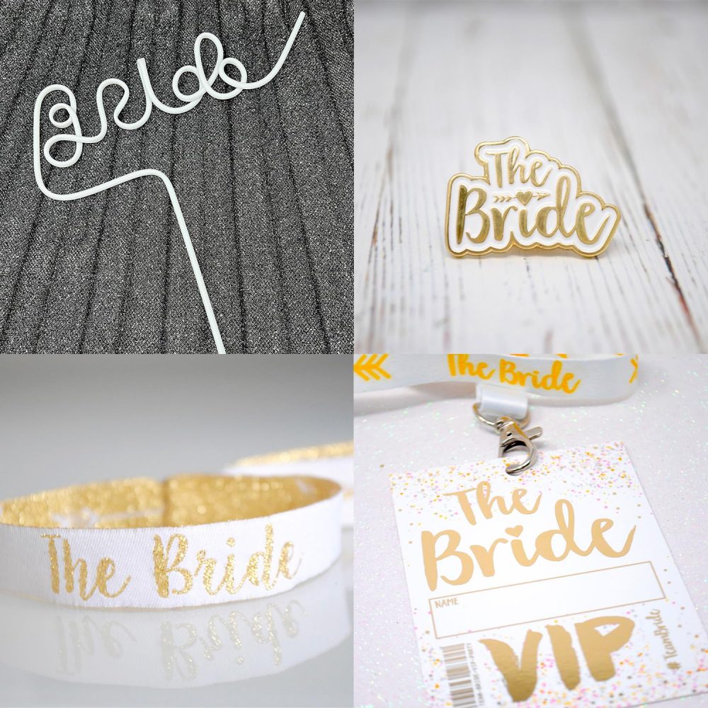 Bride To Be 4 Piece Hen Party Accessories Set ~ Bride Straw, Bride to Be Badge, Lanyard, Bride Wristband, Bride Hen Do Accessories