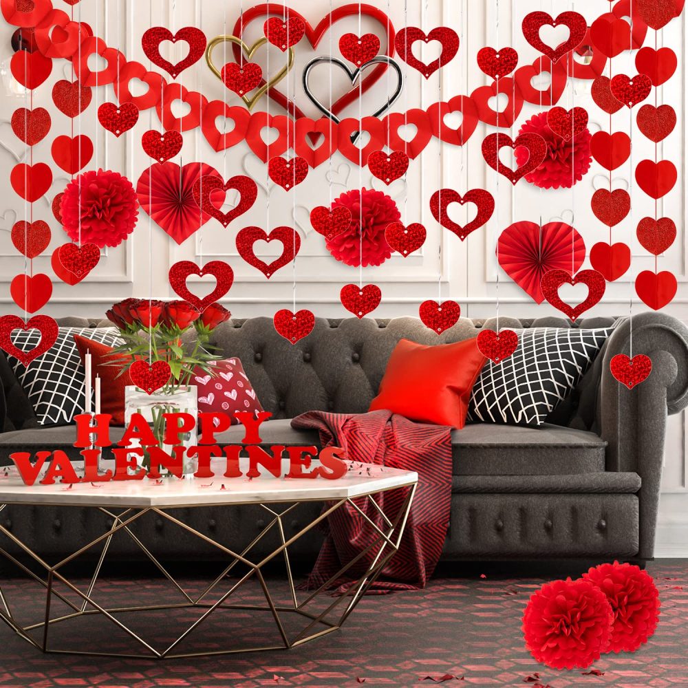 Whaline Valentines Day Party Decorations Kit, 1 Red Heart Hollow Garland Banner, 100 Heart Ornament with Foil Ribbon String, 3 Heart Paper Fans, 4 Sparkling Heart Strings Decor, 6 Red Paper Pompoms - Image 2