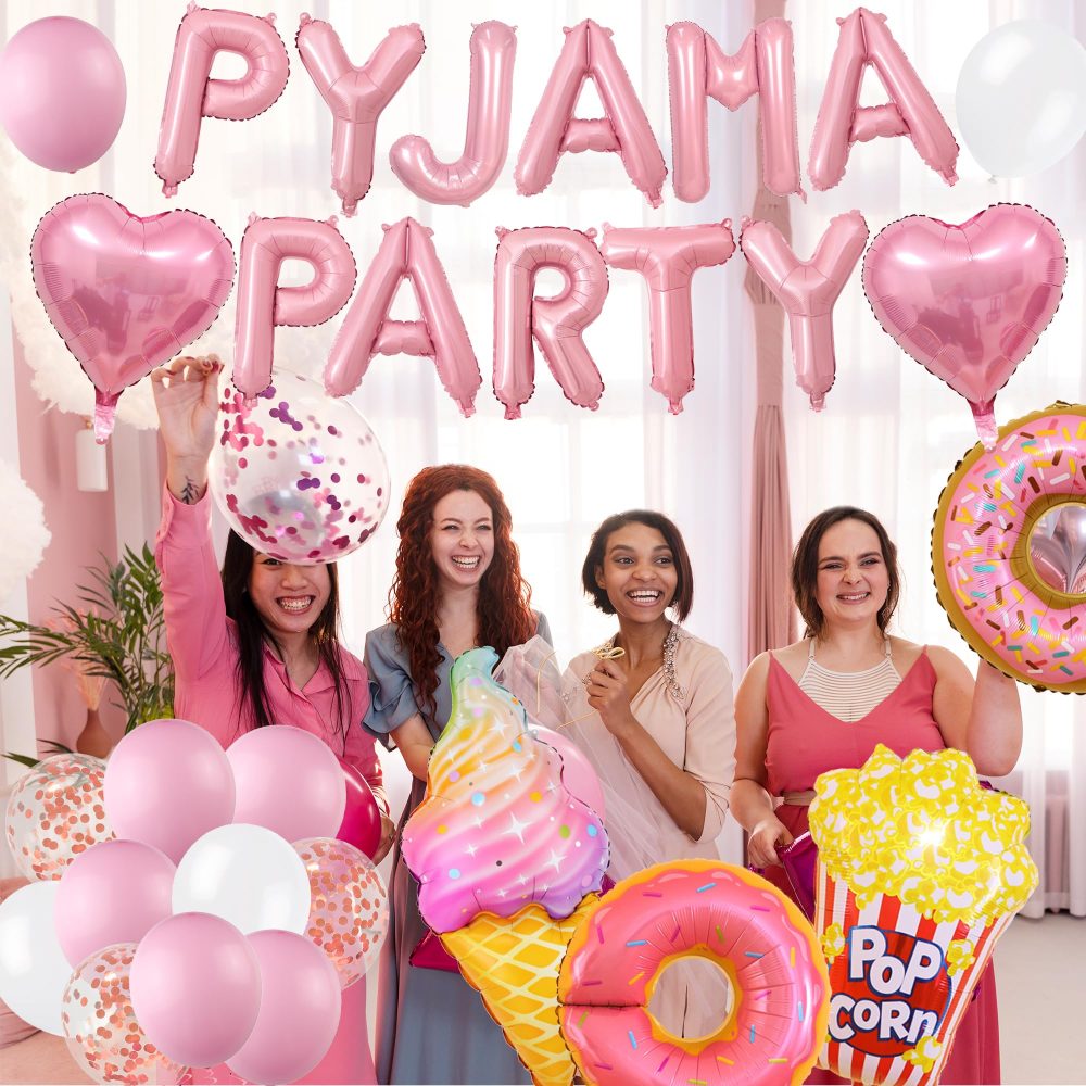 Pyjama Party Decorations for Girls - 38 Pieces Slumber Decorations Set Includes Paper Fans, Latex, Letter, Heart, Popcorn, Ice Cream, Donut Balloons for Sleepover Supplies - Image 3