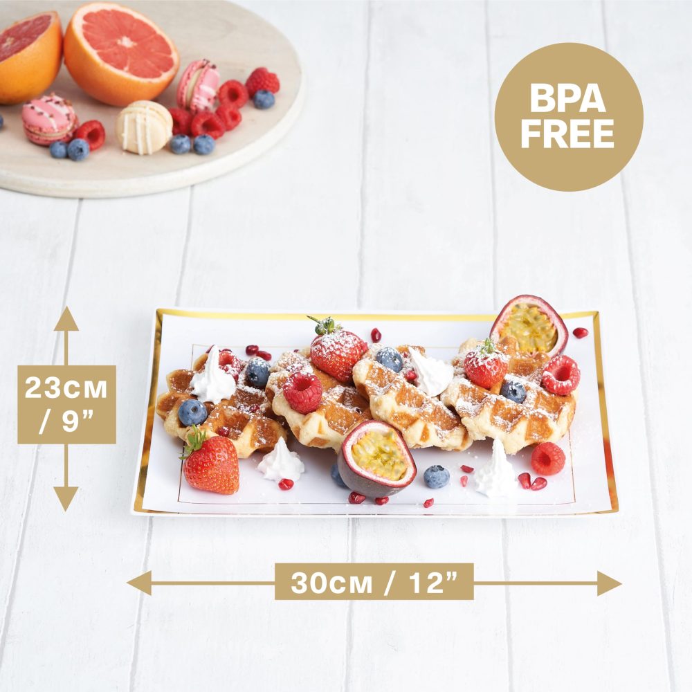 MATANA 6 White Plastic Serving Platters with Gold Border, Food Party Trays - 30x23cm - Buffets, Weddings, Birthdays, Parties - Elegant, Sturdy & Reusable - Image 7