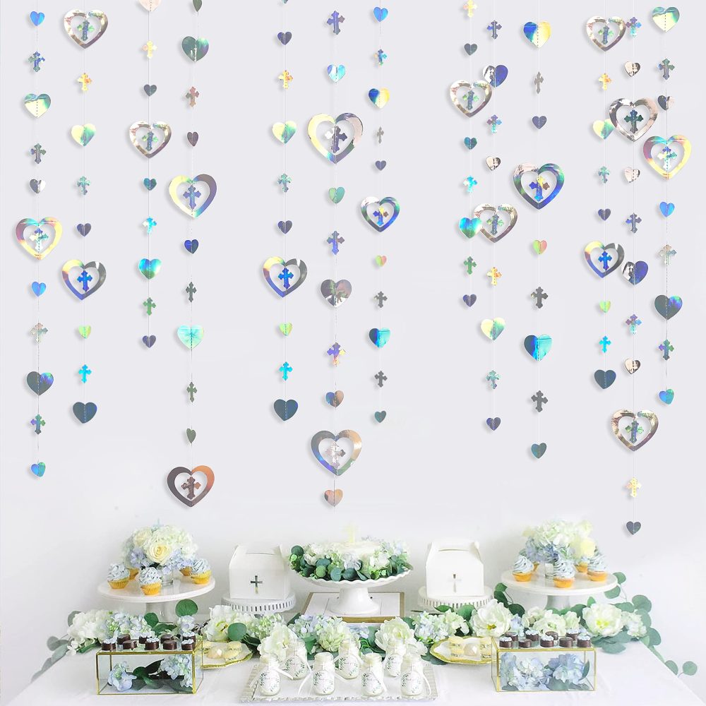 40 Ft Iridescent 3D Cross Heart Garlands Holographic Paper Streamer for First Holy Communion Religious Christian Baptism Wedding Bridal Baby Shower Birthday Anniversary Engagement Party Decorations - Image 4