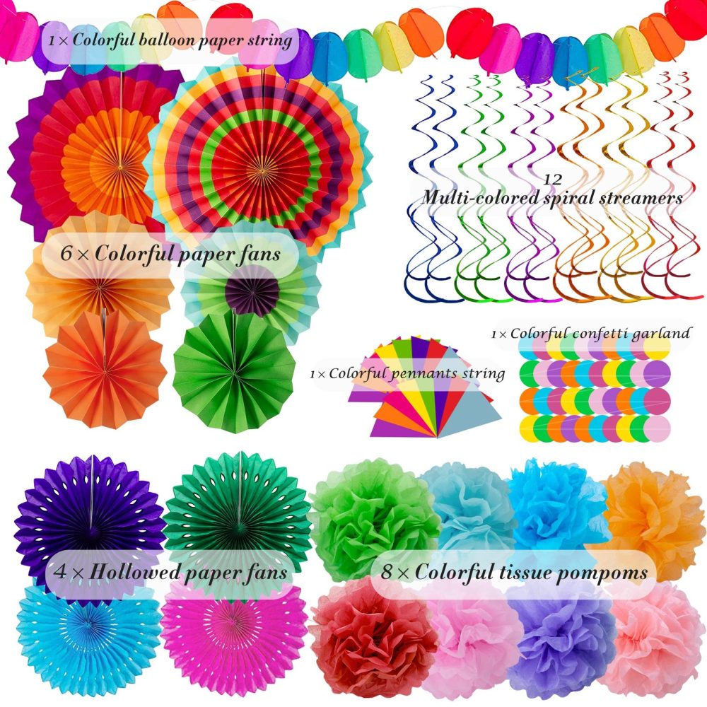 Huryfox Fiesta Party Decorations - 33pcs Colorful Mexican Themed Hanging Paper Fans, Rainbow Paper Pom Poms, Fiesta Bunting and Tissue Paper Streamers for Birthday, Festival, and Rainbow Parties - Image 8