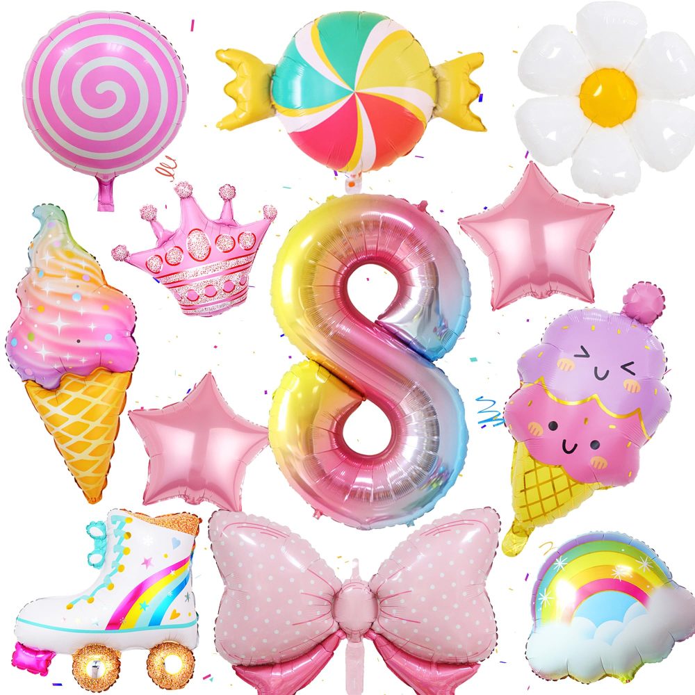 8th Birthday Decorations for Girls - 12 Pieces Inflatable Ice Cream Candy Bow Flower Star Roller Skate Balloons, Large Number 8 Foil Balloon, Colorful 8 Year Old Birthday Party Supplies