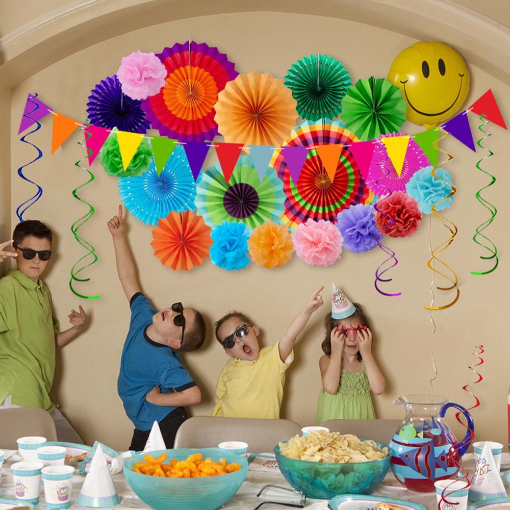 Huryfox Fiesta Party Decorations - 33pcs Colorful Mexican Themed Hanging Paper Fans, Rainbow Paper Pom Poms, Fiesta Bunting and Tissue Paper Streamers for Birthday, Festival, and Rainbow Parties - Image 3