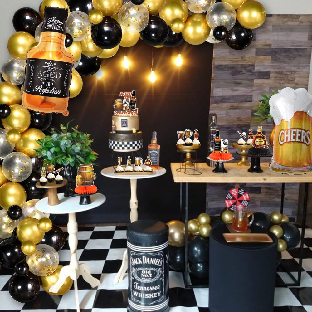 Whiskey Birthday Party Decorations - Aged to Perfection HAPPY BIRTHDAY Backdrop Black Champagne Gold Balloons Garland Wine Cake Toppers Centerpiece Tablecover Cheers and Beers Party for Man Daddy - Image 2