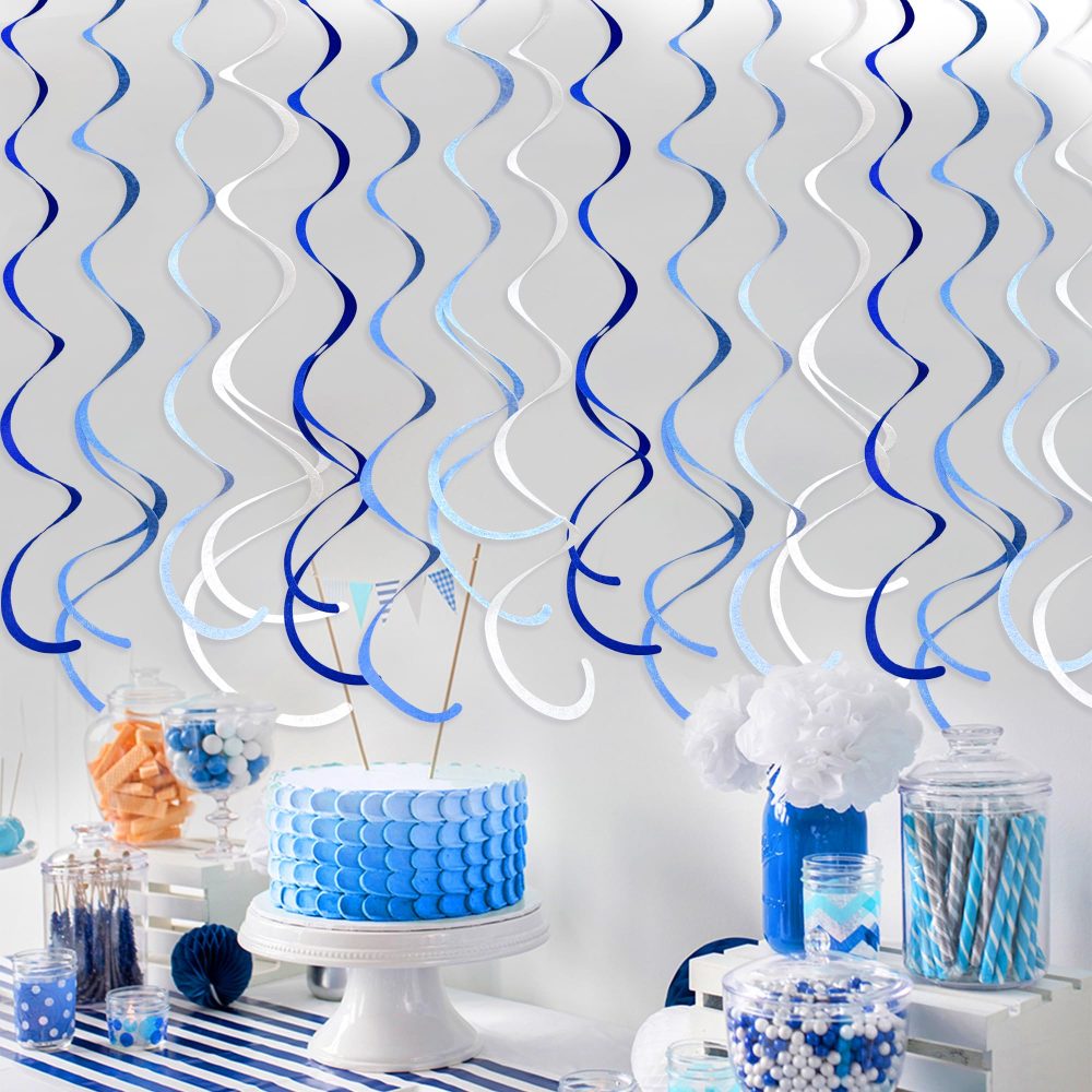 36PCS Blue Hanging Swirls Decorations Felt Ombre Royal Blue White Swirl Streamers Party Spiral Ceiling Decoration Garland for Nautical Ahoy Achor Under The Sea Birthday Wedding Baby Shower Hen Party - Image 5