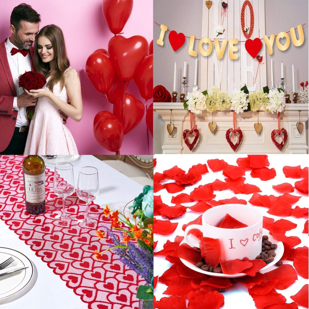 Valentines Day Decorations Kit 1000 Pcs Red Rose Petals 10 Pcs Heart Balloons 6 PCS Heart Garland I Love You Felt Garland Banner Table Runner for Valentines Day Decor Wedding Anniversary Engagement - Image 3