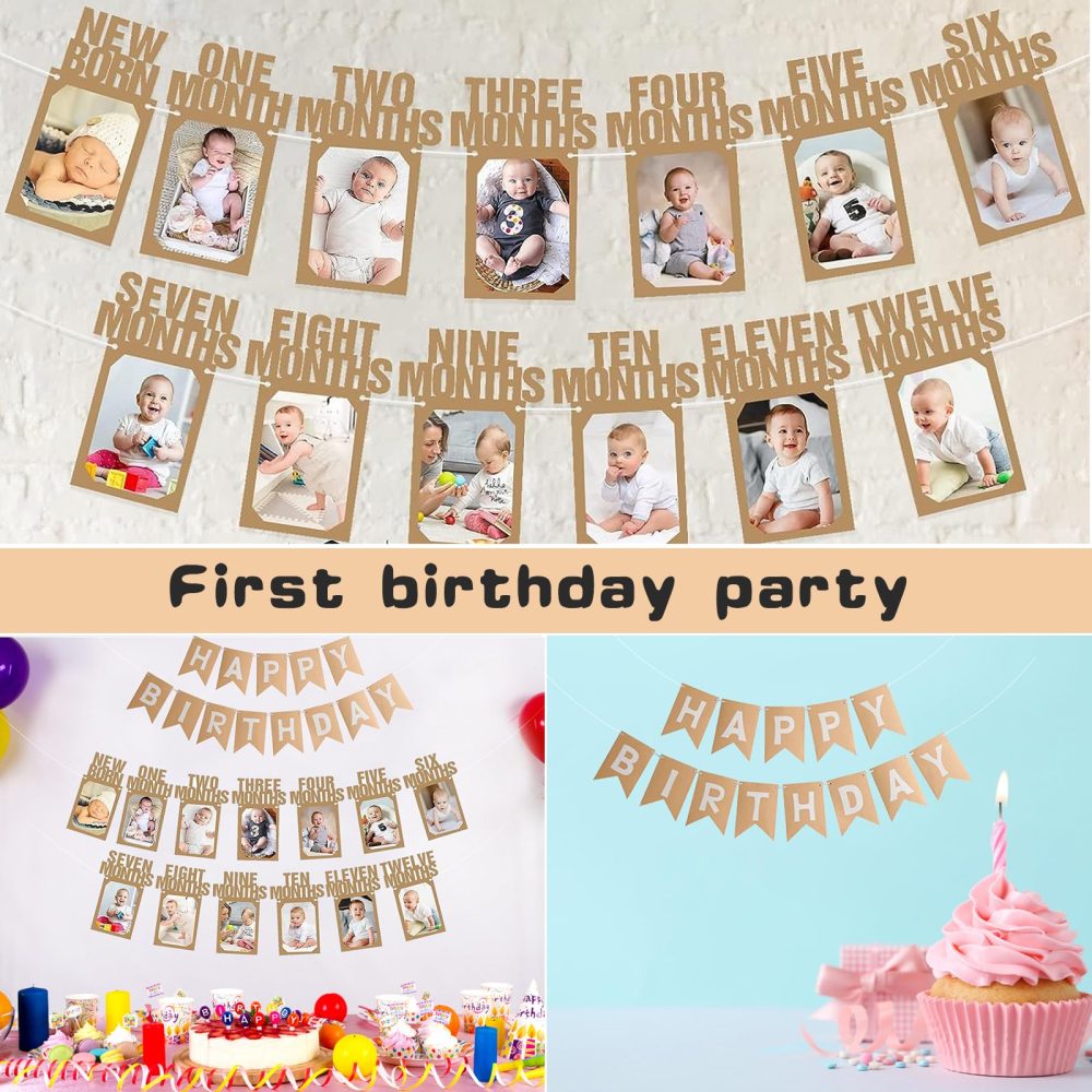 1st Birthday Photo Banner and Happy Birthday Garland Set - First Birthday Monthly Milestone Banner Birthday Bunting Pull Flag for Newborn to 12 Months Baby Celebration Decoration - Kraft - Image 6