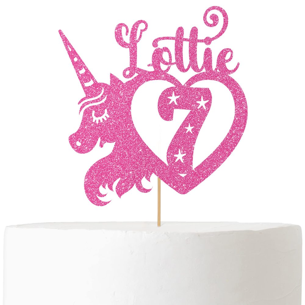 Personalised Birthday Glitter Cake Topper by Cakeshop | Custom Colour Any Name & Any Age Unicorn Heart Cake Decoration for 1st 2nd 3rd 4th 5th 6th 7th 8th 9th 10th 16th 18th | Baby Pink - Image 2