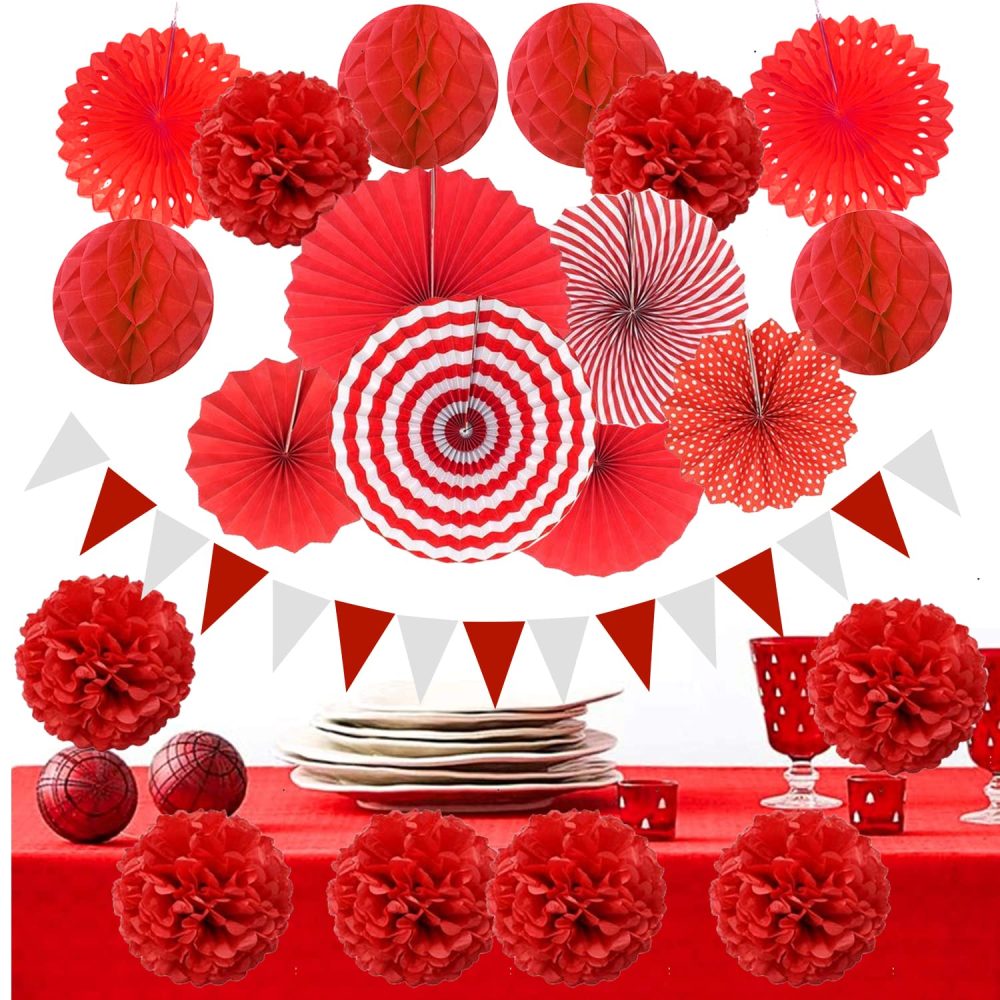 ZERODECO Party Decoration, 21 Pcs Red Hanging Paper Fans Pom Poms Flowers, Garlands String and Triangle Bunting Flags for Birthday Parties Baby Showers Wedding - Image 3