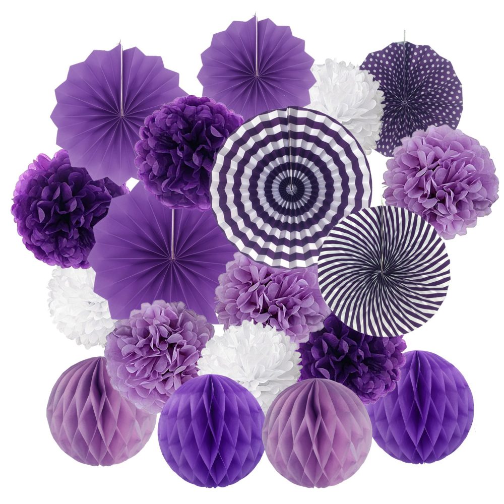 ZERODECO Purple Party Decorations, Hanging Paper Fan Set Tissue Paper Pom Poms Flower Fan and Honeycomb Balls for Birthday Baby Shower Wedding Festival Decorations