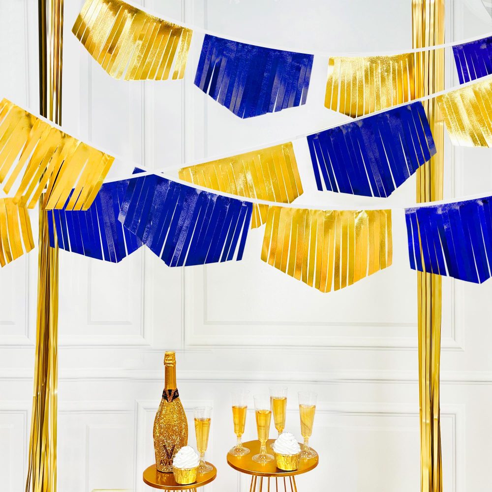 16.93Ft Royal Blue Gold Tassel Bunting Double Sided Metallic Fabric Pennant Banner for Birthday Wedding Graduation Retirement Bridal Shower Anniversary Bachelorette Nautical Ahoy Achor Party Decor