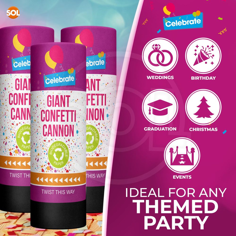 2pk Biodegradable Confetti Cannons Large | Great for Birthdays, Parties and Weddings | Party Poppers Confetti Cannons Biodegradable Confetti Cannon | Party Cannon Confetti + SOL Sticker - Image 6