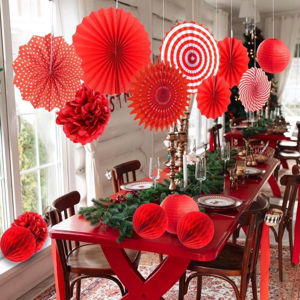 SUNBEAUTY Mothers Day Decorations, Red Birthday Decorations Set, Red Party Decorations for Girls Valentines Decorations Hanging Paper Pom Poms Flower Fan Honeycomb Balls Wedding Decorations - Image 4