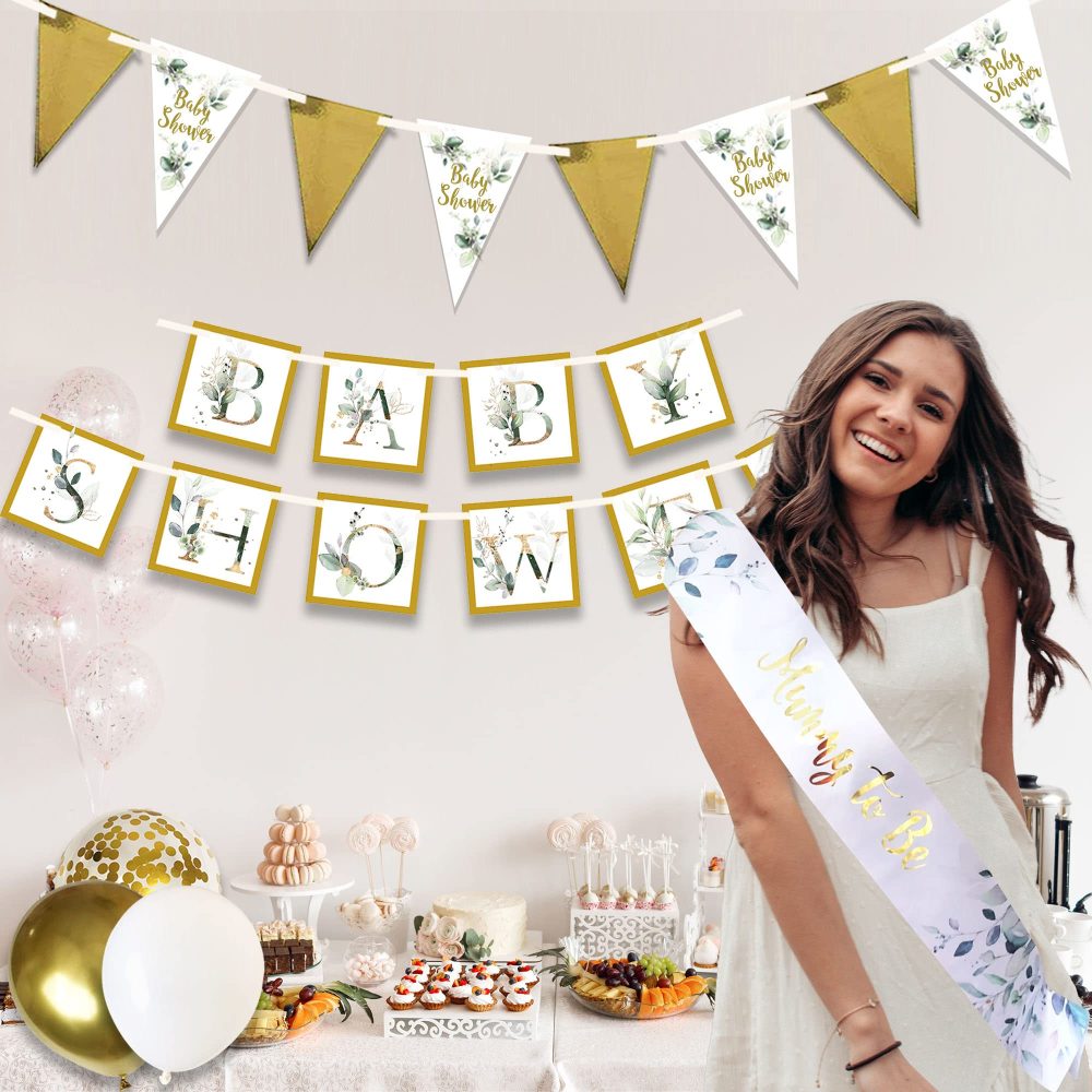 Baby Shower Unisex 24pcs Decoration Bundle Sage Green Gold - Neutral Gender Reveal Banner Garland, Bunting, Confetti, Latex Balloons And Sash For Mum To Be - Botanical Decor For Girls And Boys - Image 8