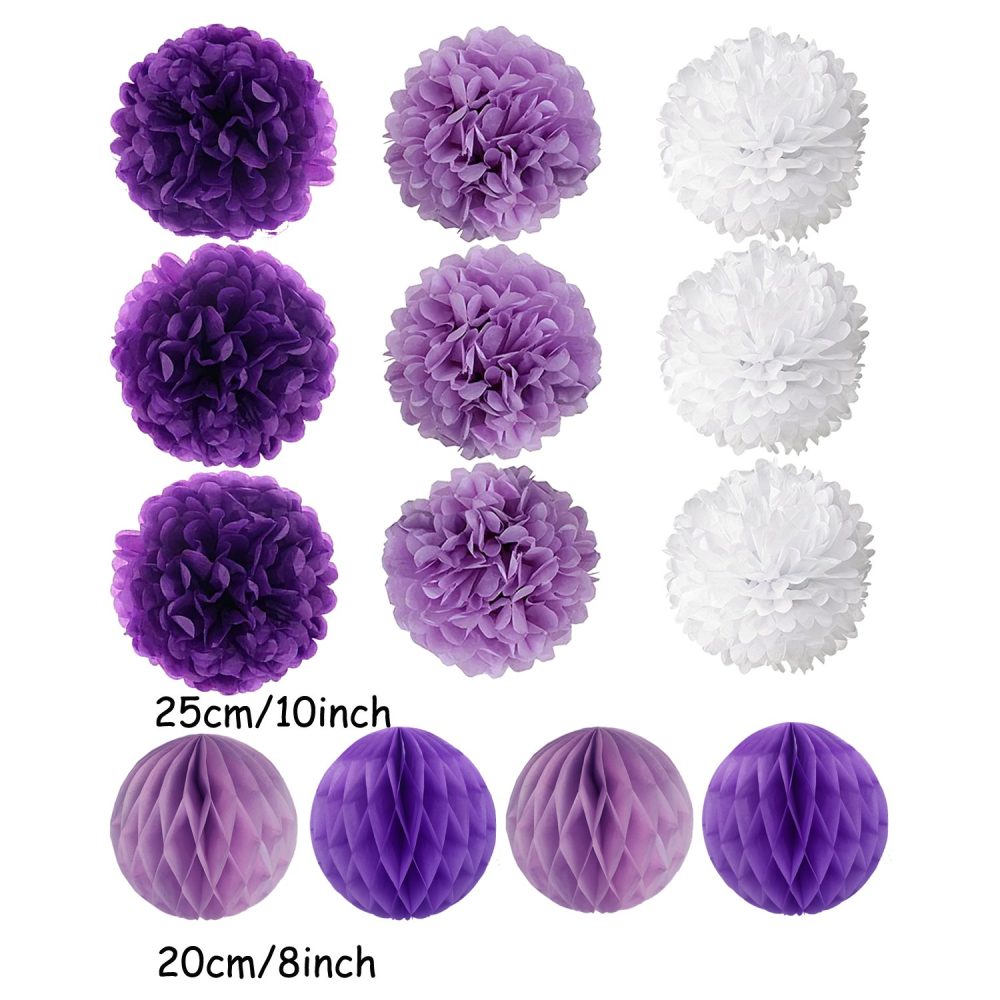 ZERODECO Purple Party Decorations, Hanging Paper Fan Set Tissue Paper Pom Poms Flower Fan and Honeycomb Balls for Birthday Baby Shower Wedding Festival Decorations - Image 6