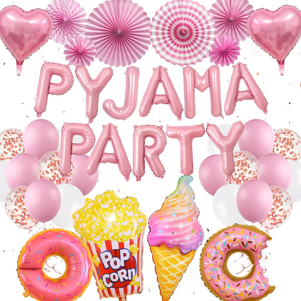 Pyjama Party Decorations for Girls - 38 Pieces Slumber Decorations Set Includes Paper Fans, Latex, Letter, Heart, Popcorn, Ice Cream, Donut Balloons for Sleepover Supplies