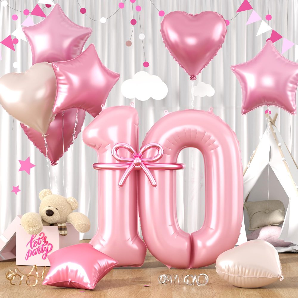 Pastel Pink 10 Balloons, Baby Pink 10 Number Balloons, Pink Number 10 Balloons Set, Pink Foil Star Heart Balloons With Long Balloons For Gilrs Woman 10th Birthday Party 1st Baby Shower Decor